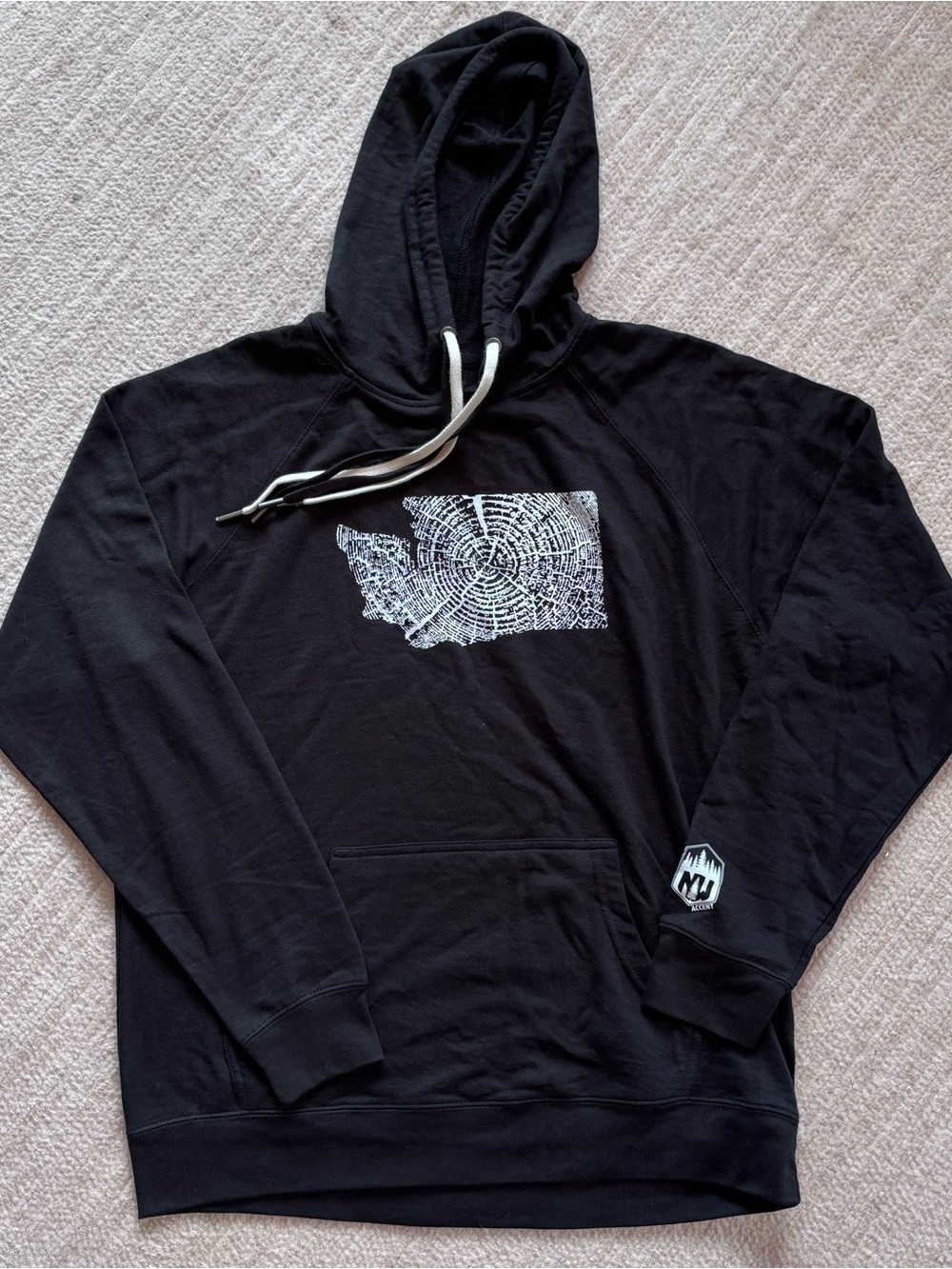 Men's Black Pullover Hoodie with White Tree-Ring Washington State Graphic